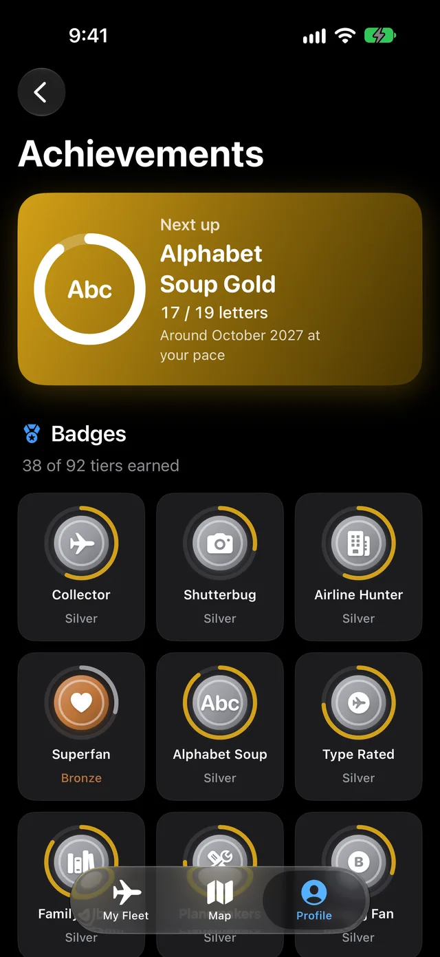Achievements: the next badge, Alphabet Soup Gold, and badges earned so far.