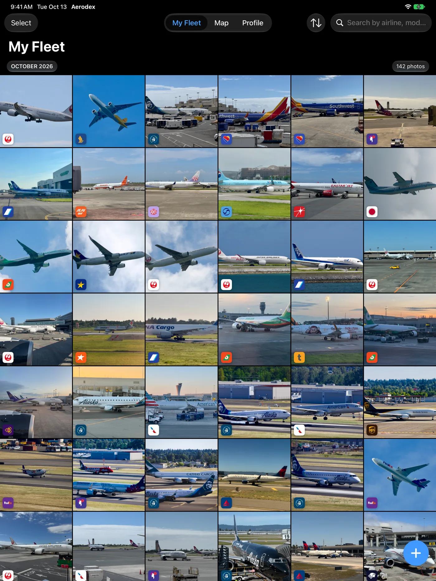 Aerodex on iPad: the fleet as a grid of spotting photos.