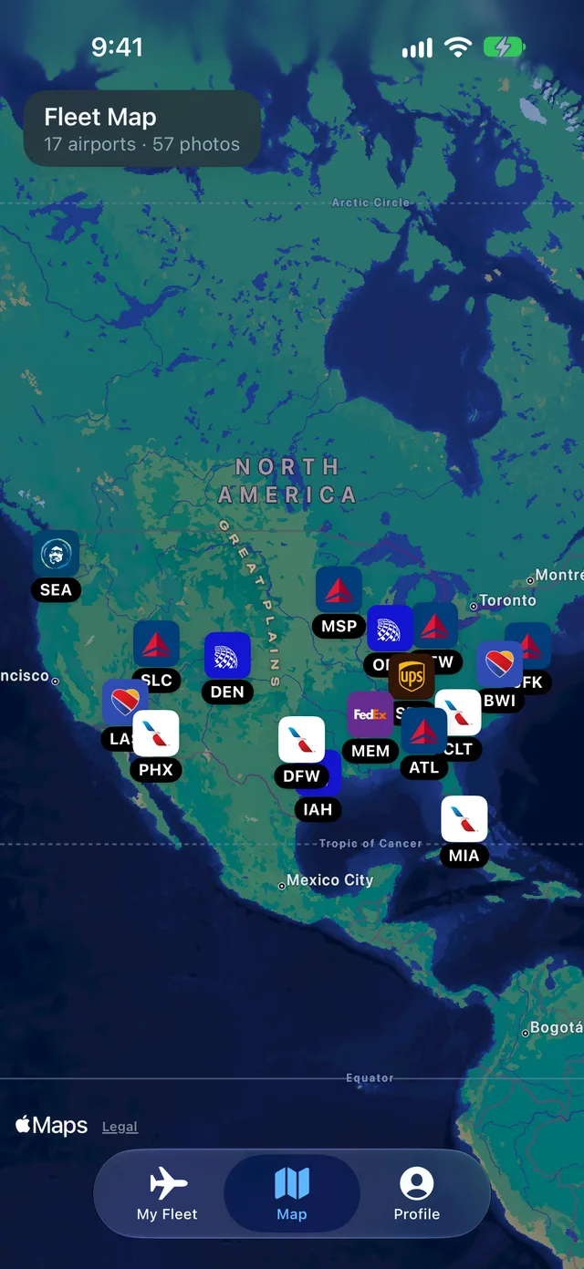 A map of North America with airline logos on every airport spotted at.