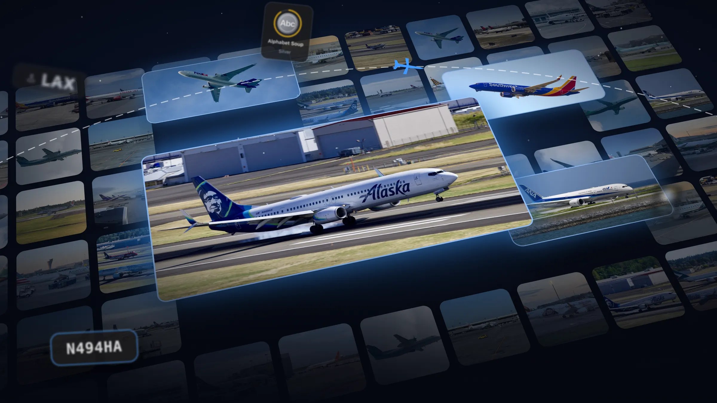 A wall of spotting photos: an Alaska 737 on the runway, a Southwest 737 and an ANA 787 in the air.