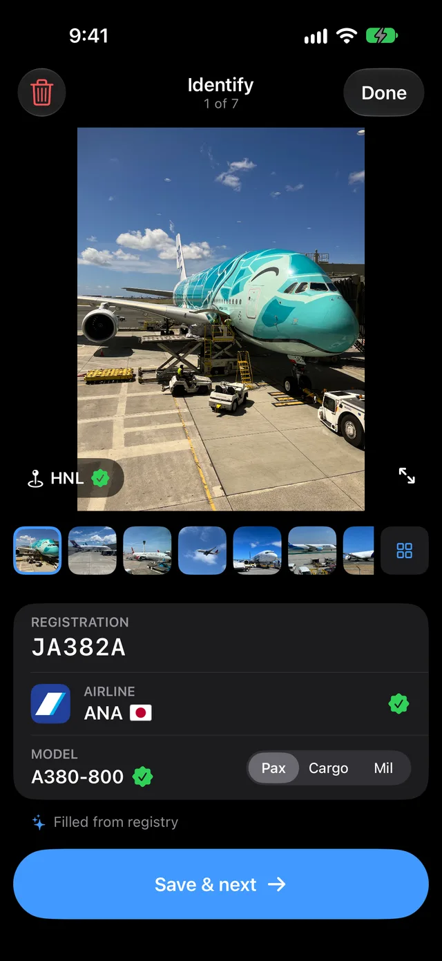 Logging an ANA A380: the airport, airline and model are filled in.